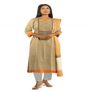 Sap Green Cotton Hand Embroidered & Printed Salwar Kameez Set